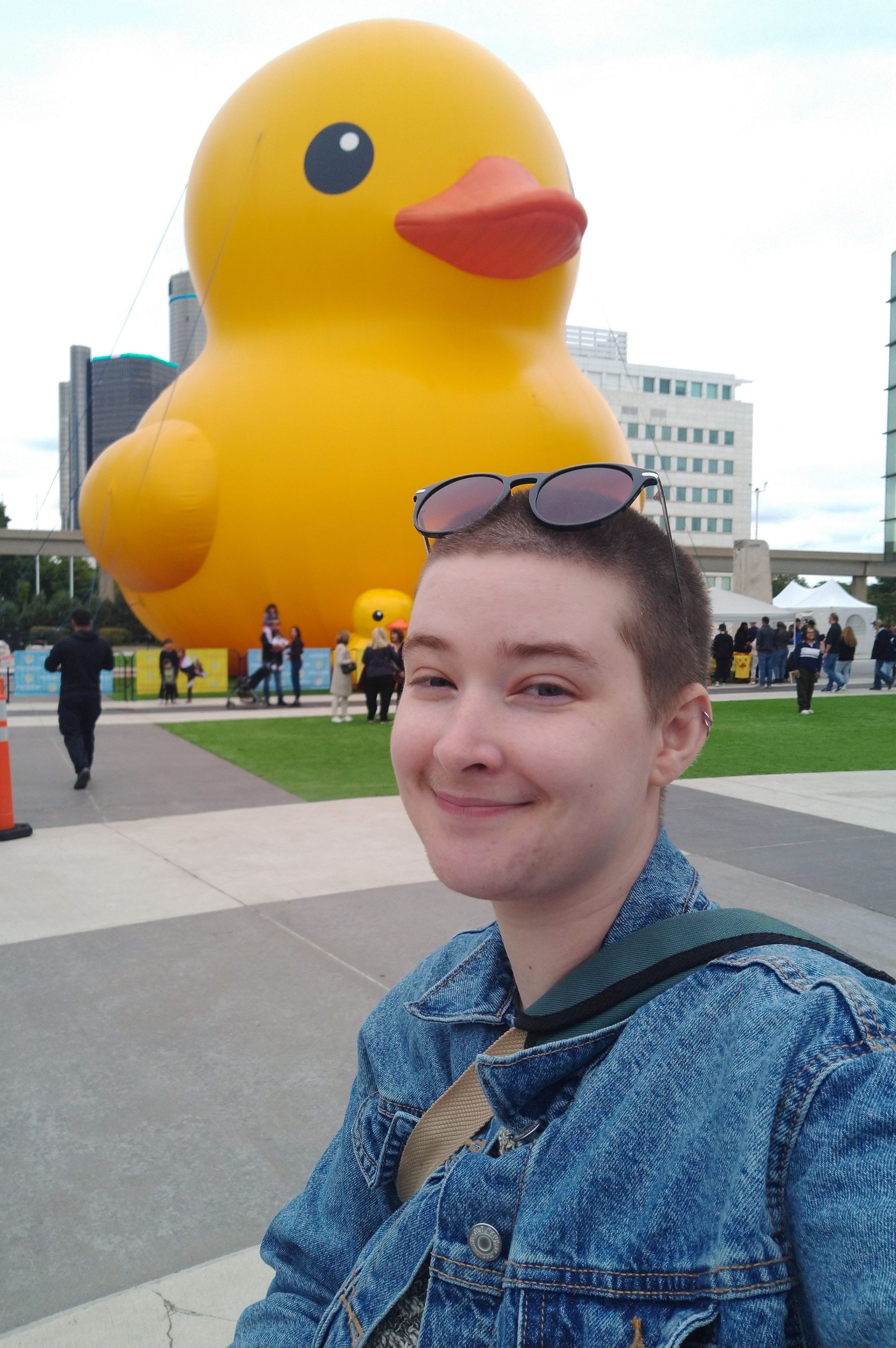 Rebecca Kyer with a large yellow rubber duck